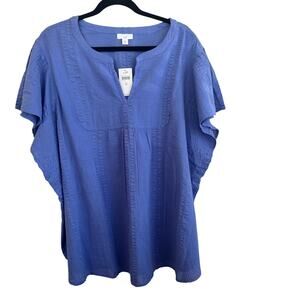 New J. Jill Seersucker Top Purple Embroidered Textured Flutter Sleeve Sz 3X